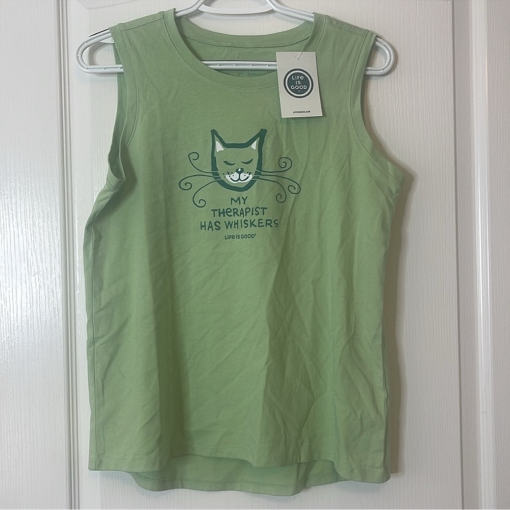 Life is Good Muscle Tank Top Classic My Therapist has Whiskers Green Small - Picture 4 of 12